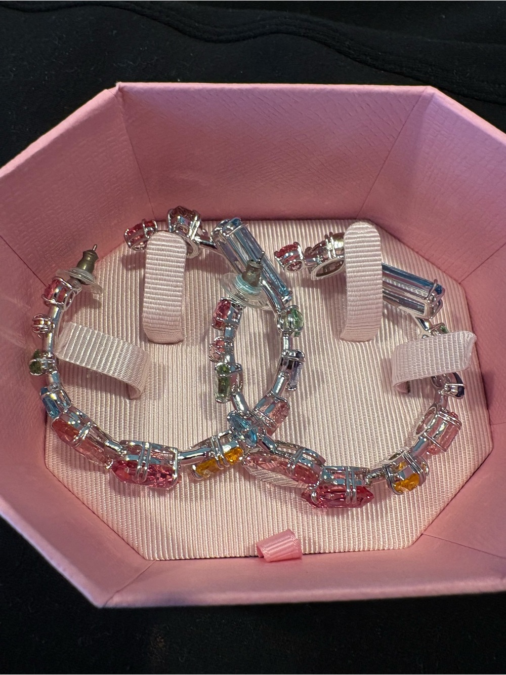 Swarovski Multicolor Crystal Hoop Earrings in Pink, Blue, Green & Yellow - Picture 8 of 10